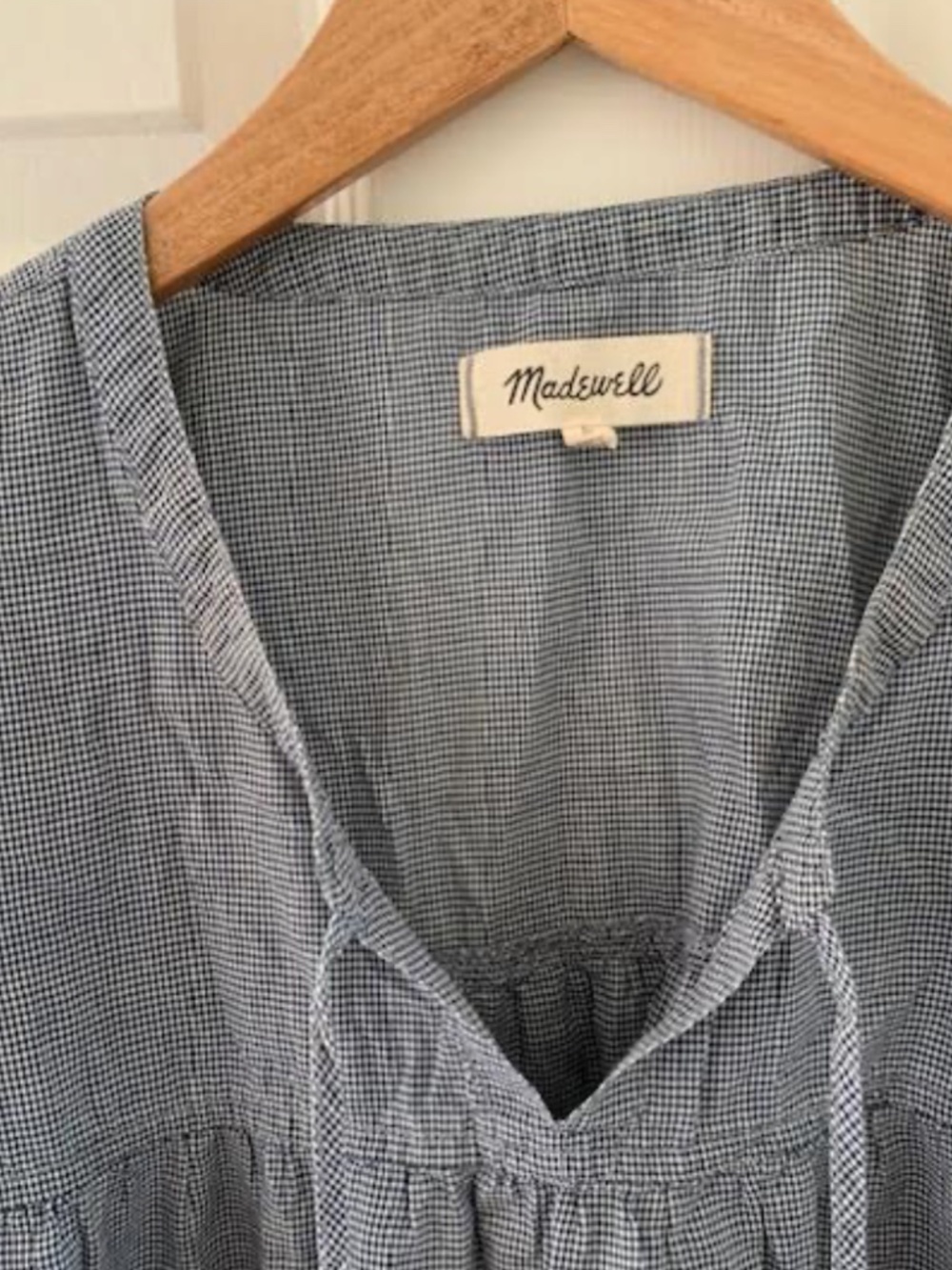 Madewell Tie-Front Popover Top in Mini Gingham Check, size L - Picture 3 of 4